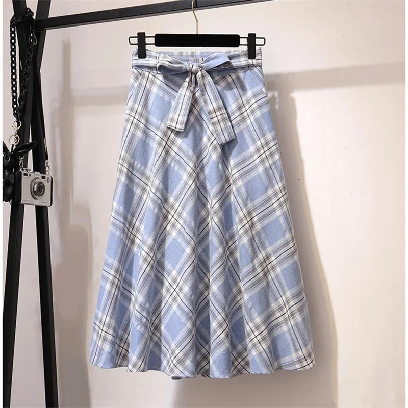 

High Quality Plaid Skirt High Waist A-Line Midi Checkered Skirts Womens Spring Bow Tie Cotton Skirt Vintage Summer Autumn Saias