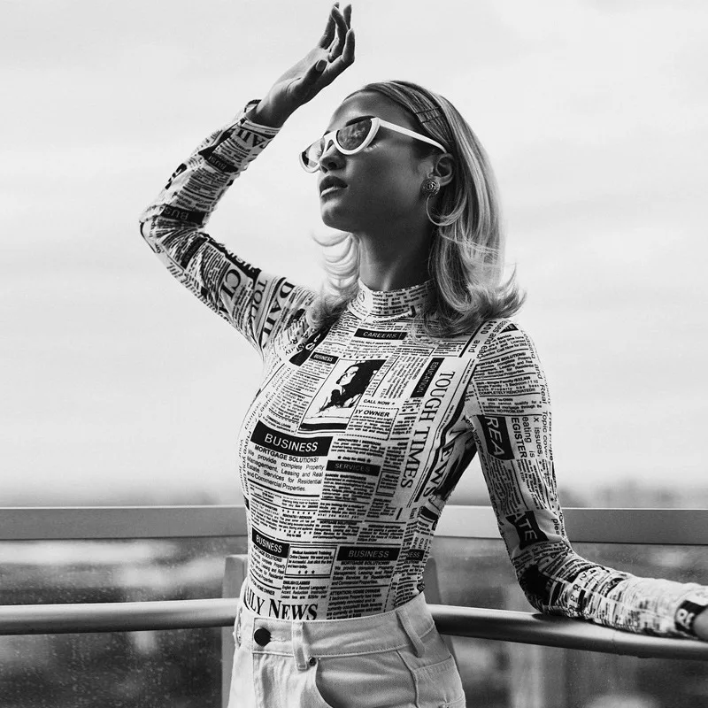 

Newest Turtleneck Bodysuit Women 2019 Long Sleeve Rompers Newspaper Printed Jumpsuits Fitness Sexy Bodysuits Fashion Playsuits