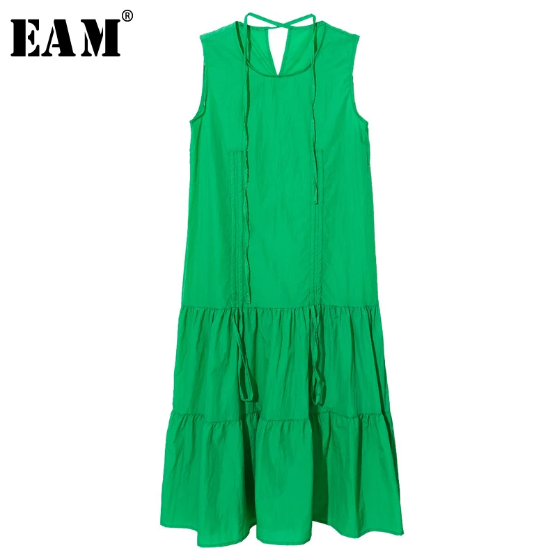 

[EAM] 2019 New Spring Summer Round Neck Sleeveless Green Hem Pleated Split Joint Loose Vest Dress Women Fashion Tide JW141