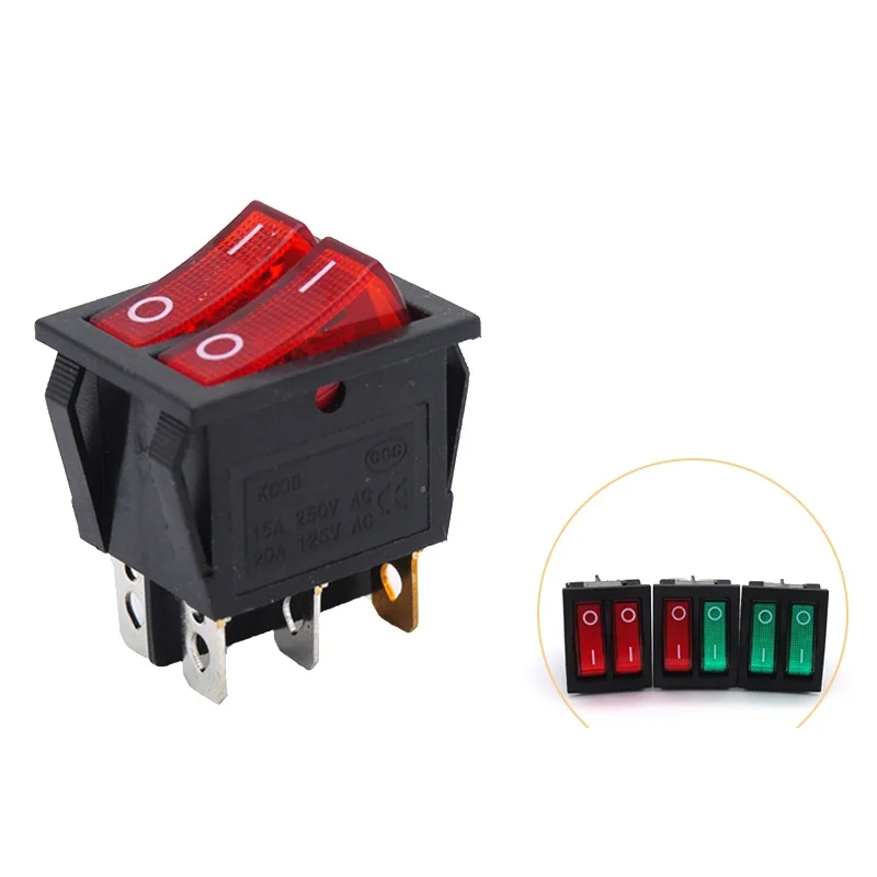 

KCD2 Double Boat Rocker Switch 6 Pin On-Off With Green Red Light 20A 125VAC