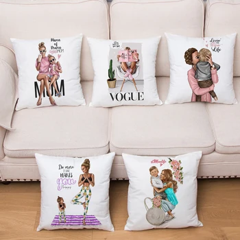 

Cute Cartoon Fashion Mom and Baby Cushion Cover Short Plush Pillow Case Decor Print for Sofa Home Car Pillow Case 45x45cm