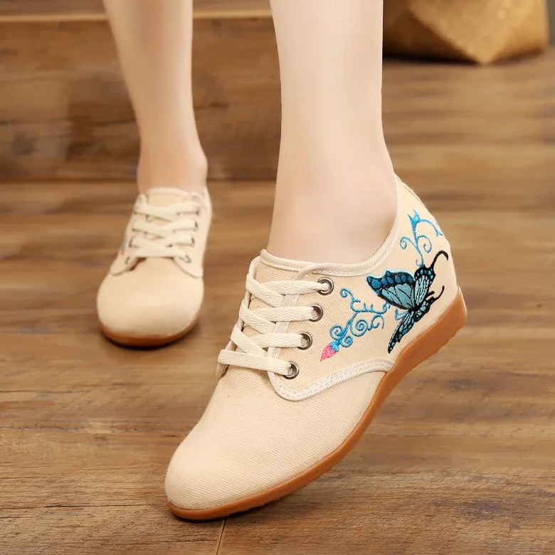 

Chinese Beijing Cloth Shoes Women's Increased Soft Bottom Embroidery Lace Up Ladies Casual Comfort Denim Fabric Sneakers Shoes