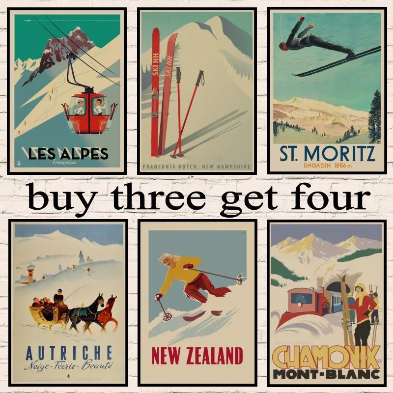 

Skiing Travel Les Alpes Ski Propaganda/ Ski in Norway Skiing/ Verbier Cable/ Iceland Skiing Retro Vintage Kraft paper Poster art