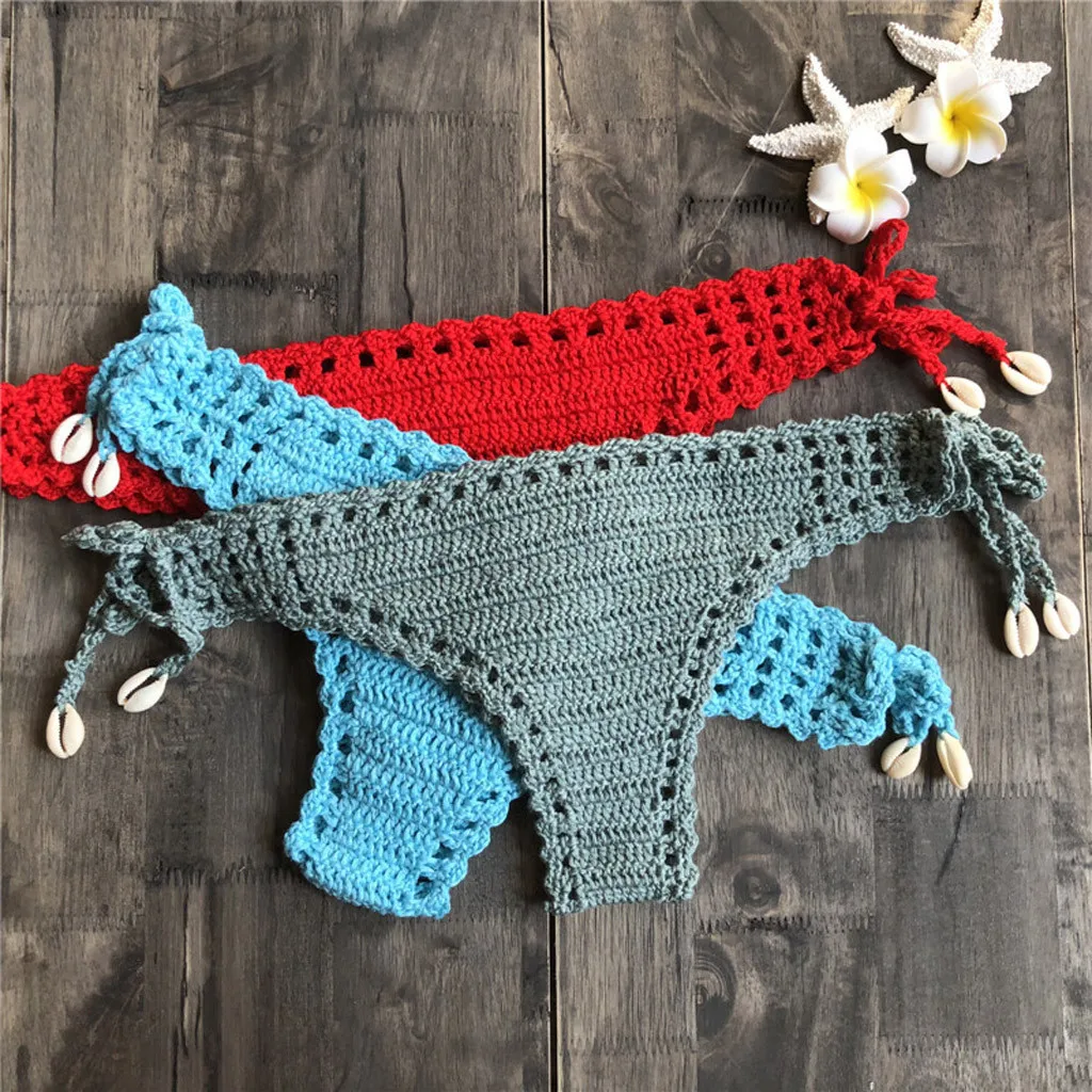

Women Tankini Swimjupmsuit Beachwear Pad Ladies Retro Beach Hook Knitted Holiday Shell Bikini Triangle Swimming Trousers A30419