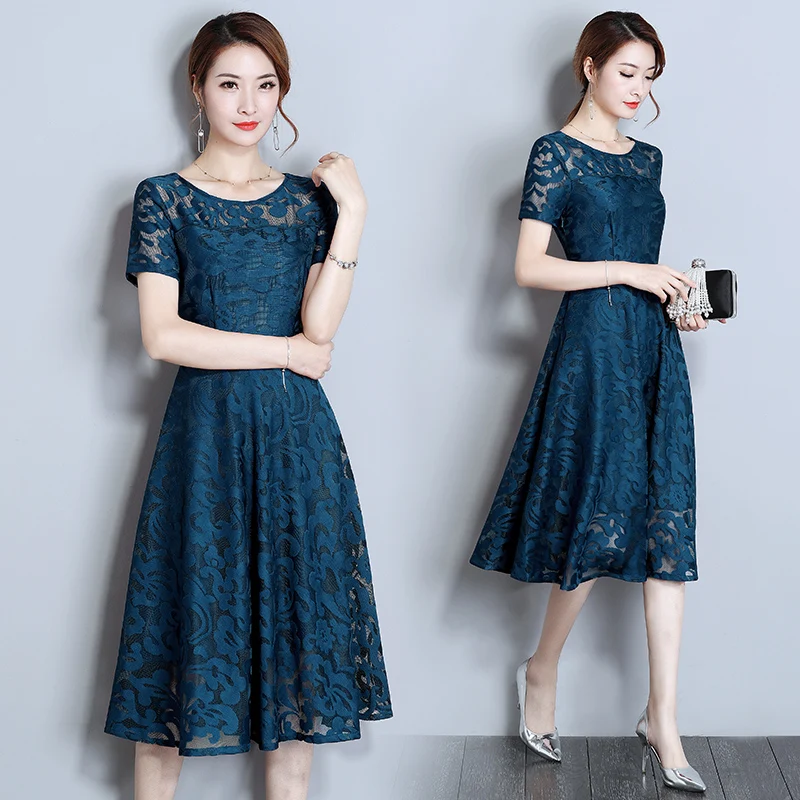 Blue short sleeve AYUNSUE Женская плюс размеры сезон: весна-лето платье миди кружево элегантное синий и красный цвета дамы платья для женщин 5xl Vestidos De Festa KJ2191 - Цвет: Blue short sleeve