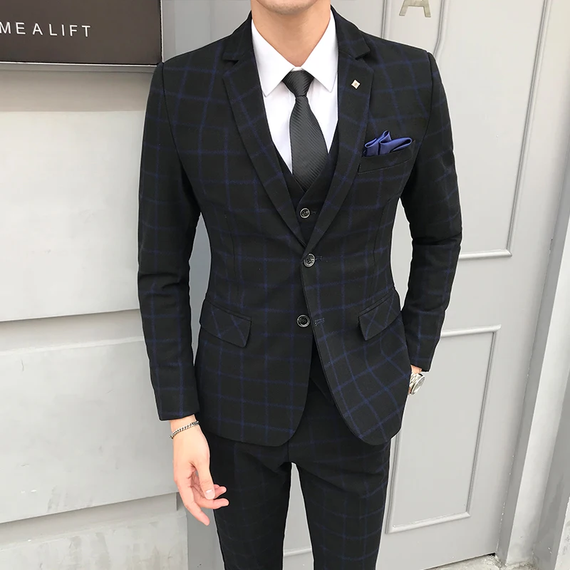 Mens Blazer + Vest + Pants / 2018 New Groom Fashion Boutique Plaid Wedding Dress Suit Sets Mens High-end Casual Business Suits