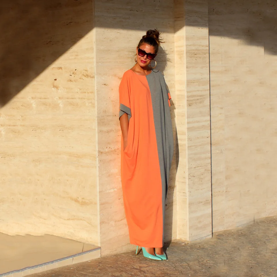 Летнее модное лоскутное цветное женское элегантное платье размера плюс, свободное макси платье, Повседневная пляжная туника, Vestido D28-AB-43
