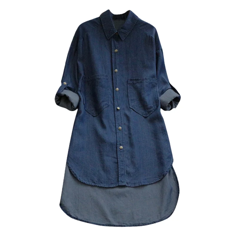 

Women Lapel Neck Long Sleeve Buttons Down Denim Shirt Ladies Casual Solid Loose Pockets Asymmetric Long Shirt Tops Plus Size