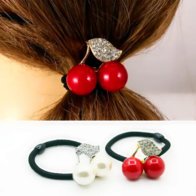 

New Fashion Women Leaf Cherry Elastic Crystal Rubber Band Ponytail Holders Hair Accesoires