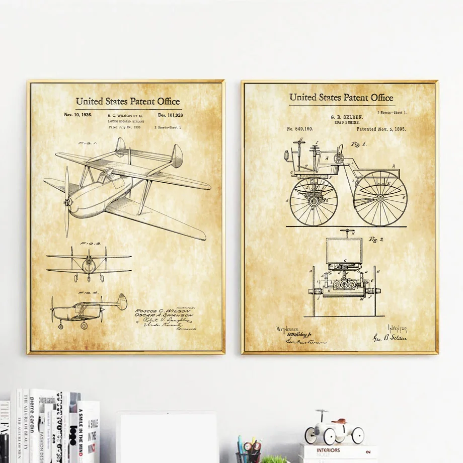 

Vintage Airplane Bicycle Patent Drawing Wall Art Canvas Painting Nordic Posters And Prints Wall Pictures For Living Room Decor