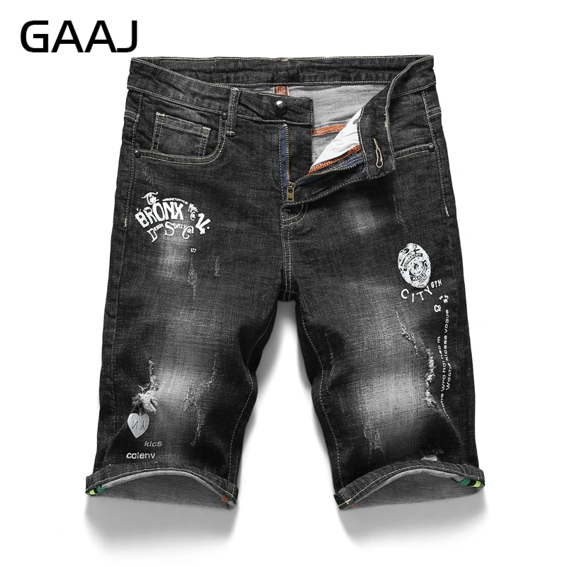 GAAJ джинсы стрейч мужские s рваные короткие джинсы байкерские бермуды одежда деним для мужчин джинсовые шорты хип хоп черные узкие брюки 38 40