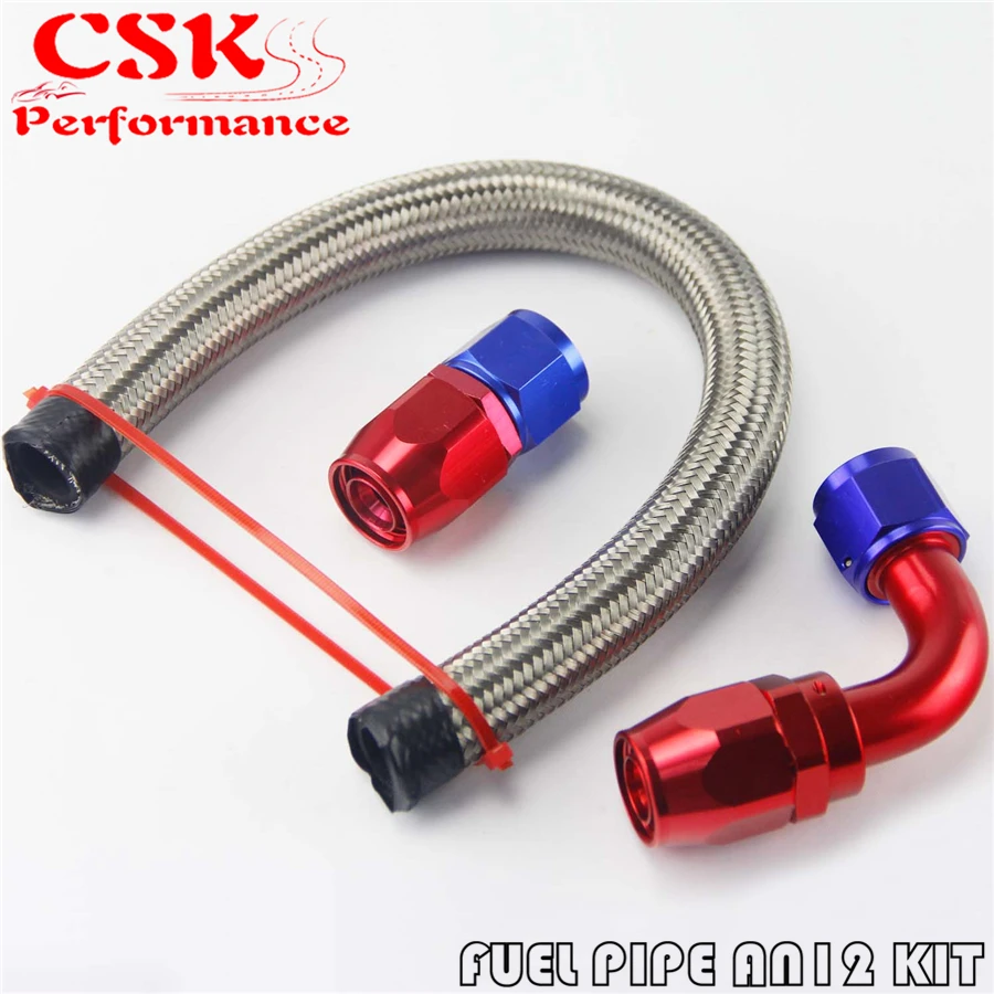 Buy 1FT AN12 Stainess Steel Braided Oil Fuel Hose+ 90 Deg & Straight Swivel