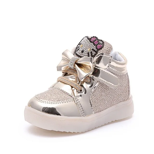 Светодиодный свет, модные короткие ботинки для маленьких девочек, модная спортивная обувь принцессы hello kitty, мягкие Нескользящие удобные кроссовки - Цвет: Золотой