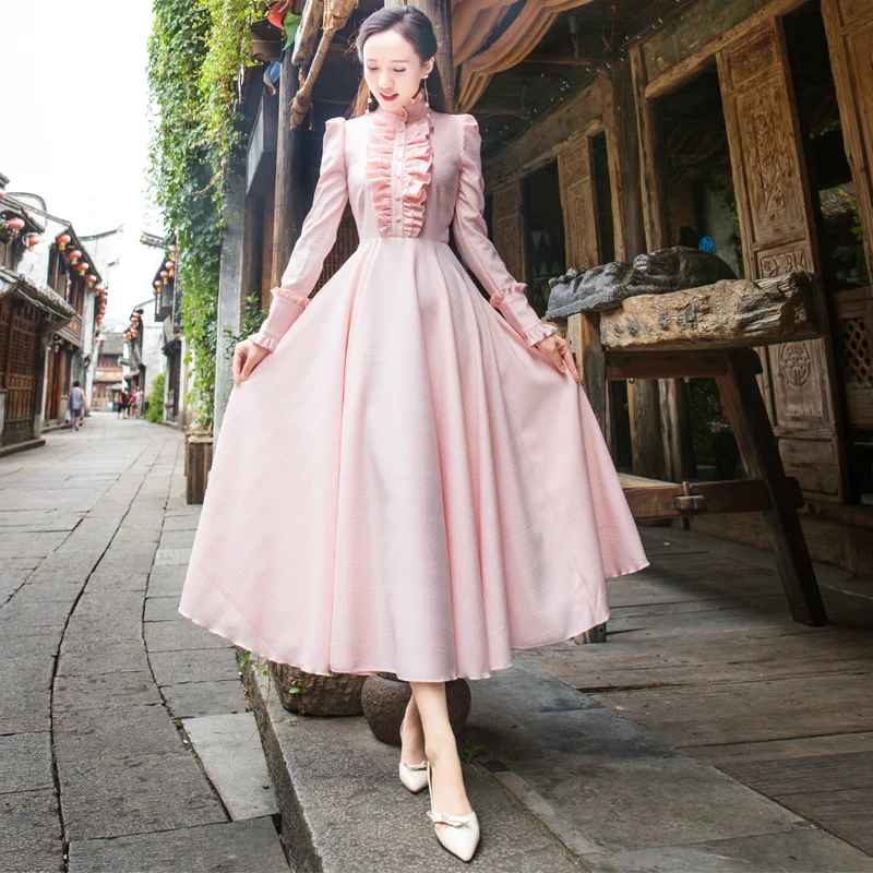 

2018 Autumn NEW Women Royal Style Ruffled Frill Stand Collar Pleated Ultra Long Pink Dress Big Bottom Dress