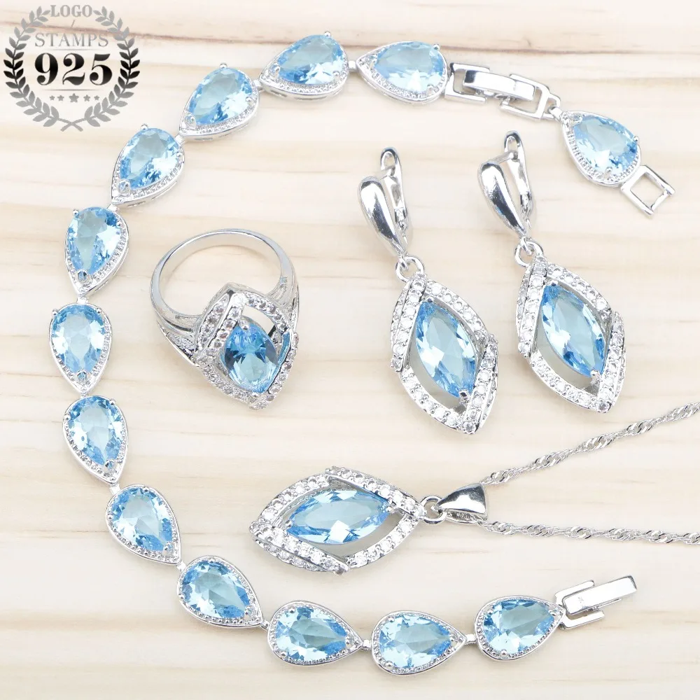 Sky Blue Zircon Costume 925 Silver Bridal Jewelry Sets Women Earrings