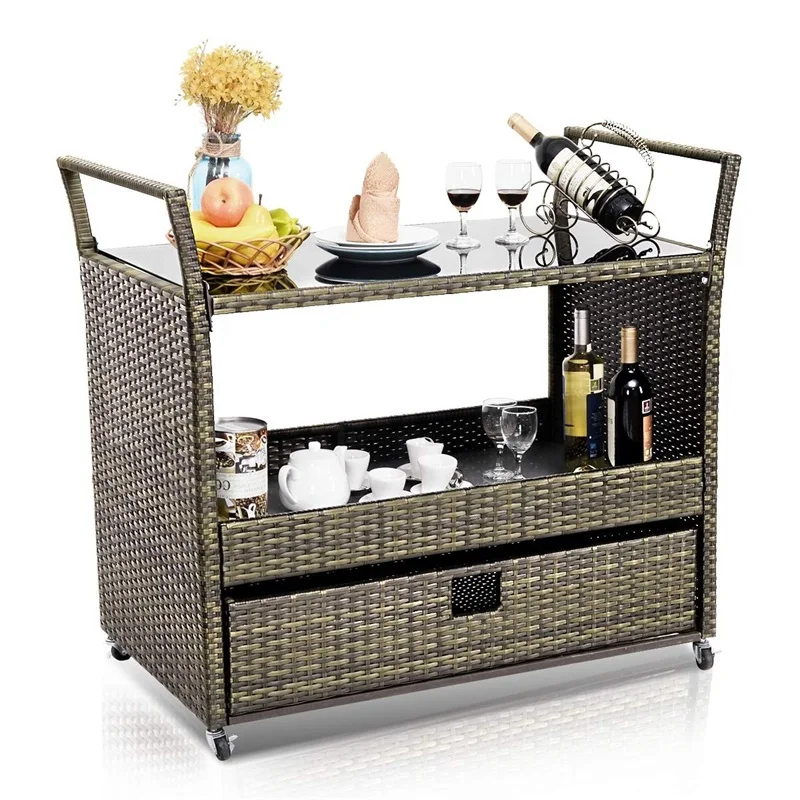 

Rolling Portable Rattan Wicker Kitchen Trolley Cart Smart and Compact Design Tempered Glass Top High Quality PE Rattan Cart