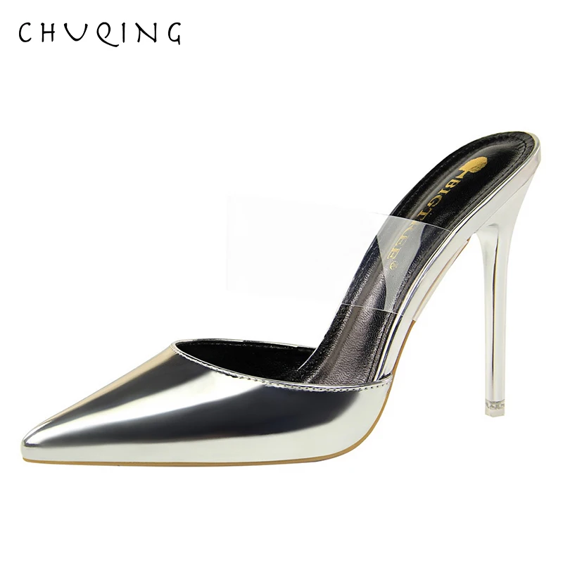 

CHUQING 2019 New Hot Metal with Slim Stiletto Hollow Transparent Word with High Heel Women's Shoes
