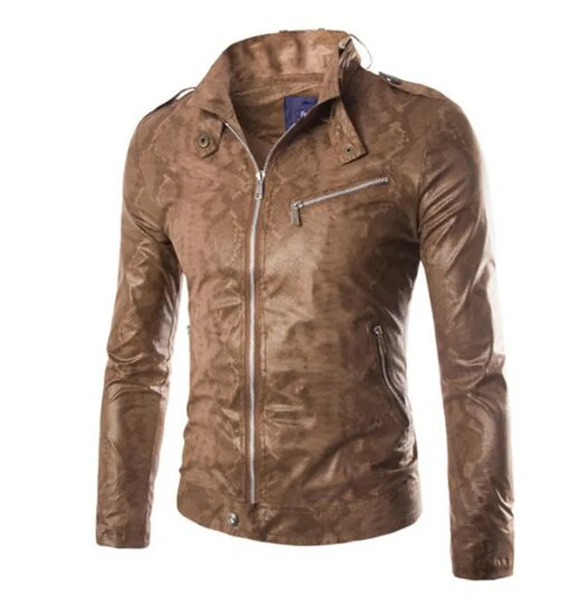 New Motorcycle Jackets Men Vintage Retro PU Leather Jacket Windproof Biker Classical Stand Collar Slim Fit
