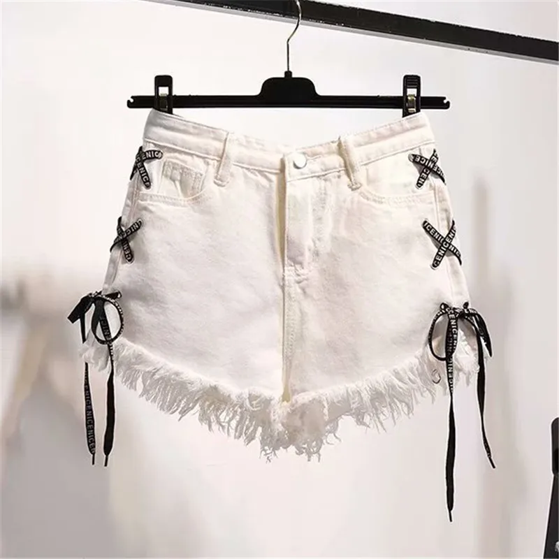 Harajuku винтажные джинсовые шорты с кисточками женские джинсы со шнуровкой милые горячие шорты Уличная Повседневная Вечерние шорты женские YH103
