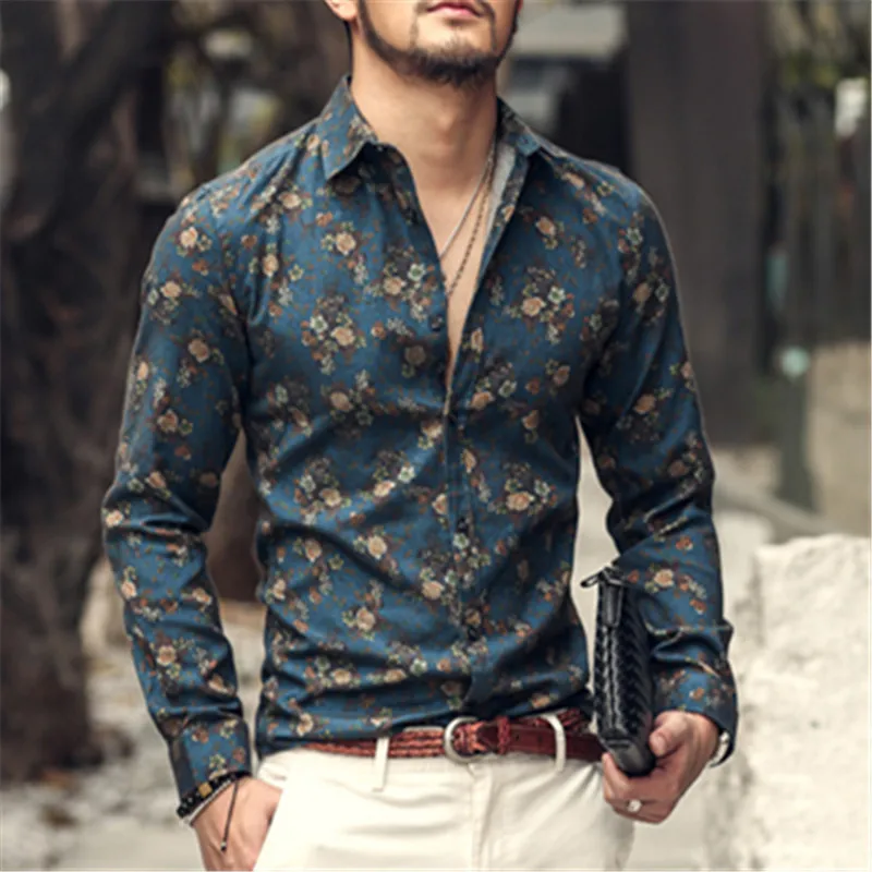 

autumn new fashion flower printed long sleeve shirts men camisa male slim flower shirts vintage Linen Casual Men Shirt