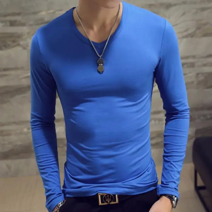 Men Autumn T-shirts Long Sleeves V Neck Pullover Slim Fit Casual Minimalist Male Tops XIN-Shipping