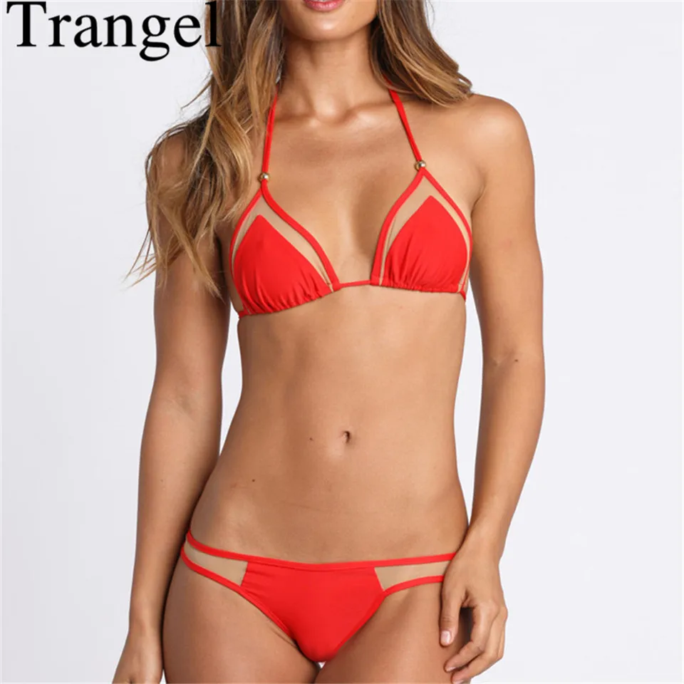Trangel Push Up Mesh Bikini Brazilian Swimsuits Swimwear Women 2018 Sexy Bathing Suit Halter Bikinis Strapless Biquinis Monokini