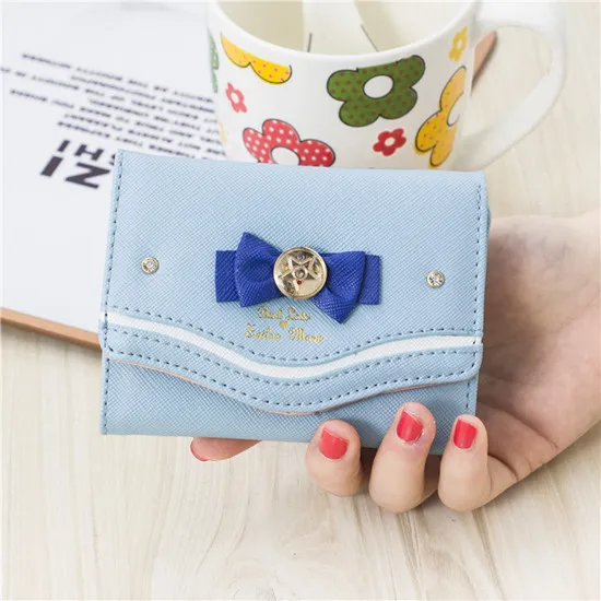 sky blue Корейский женский кожаный короткий кошелек с бантом, женский маленький милый кошелек, кошелек для монет, клатч, Сейлор Мун, органайзер, кошелек, сумочка для денег - Цвет: sky blue