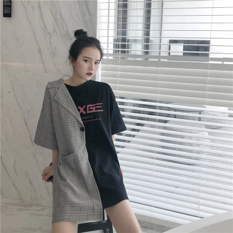 Woherb, Новое поступление, короткий рукав, корейский стиль, лоскутные футболки, летняя мода, тонкая, повседневная, с буквенным принтом, длинная футболка s 75126