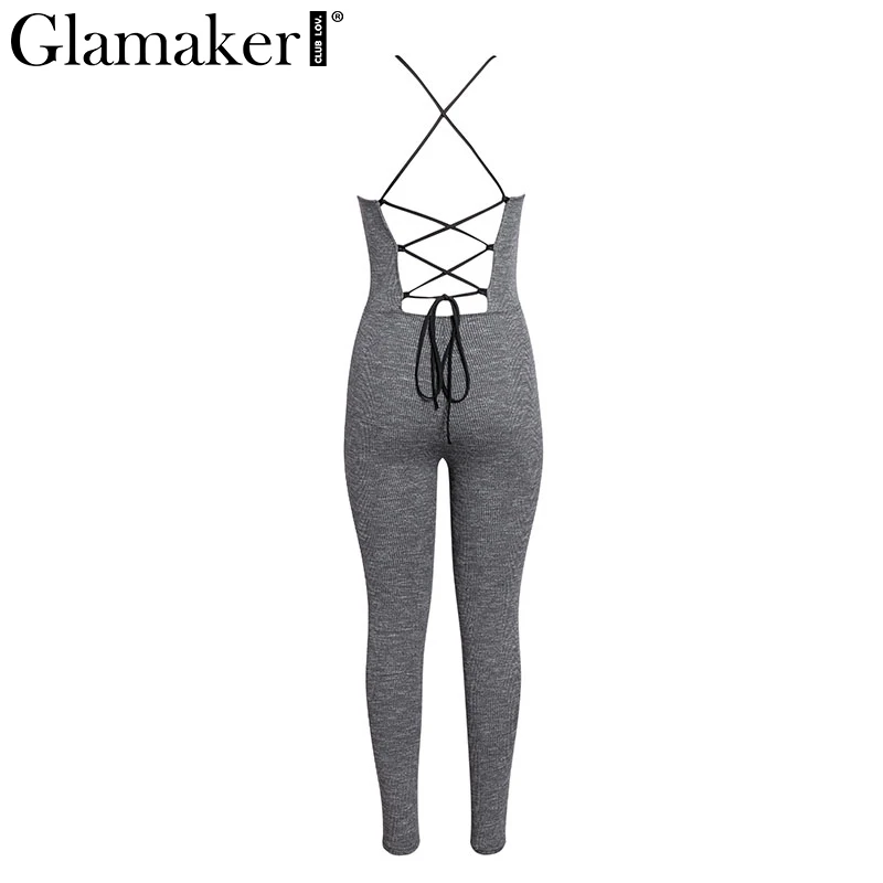 Glamaker Lace up knitted slim sexy women playsuit High waist backless elegant spring jumpsuit Summer casual club romper overall