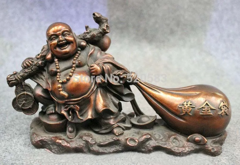 

free 9" Folk Chinese Buddhism Bronze Happy Laughing Maitreya Buddha Money Bag Statue fast