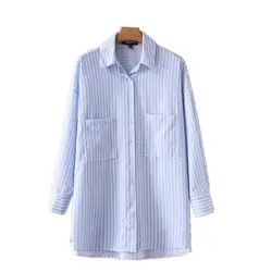 Для женщин полосатая блузка с длинным рукавом отложным воротником кнопка карман Повседневное свободные женские рубашки Топ Blusas