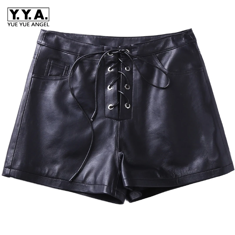Buy Elegant Black Genuine Leather Shorts Women Sexy