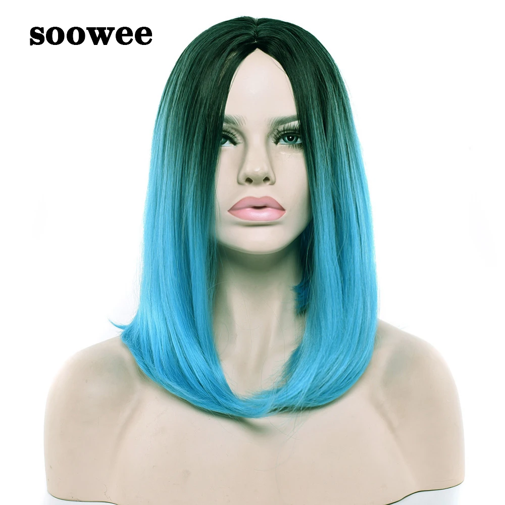 Soowee Ombre Синий парик синтетические волосы короткие парики для черных женщин Боб