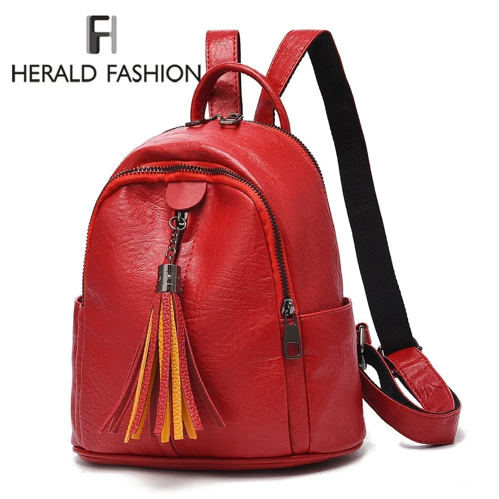 

Herald Fashion Women Leather Backpack With Tassel Casual Student Bag For Teenage Girls Solid Ladies' Travel Daypacks Mochila Sac