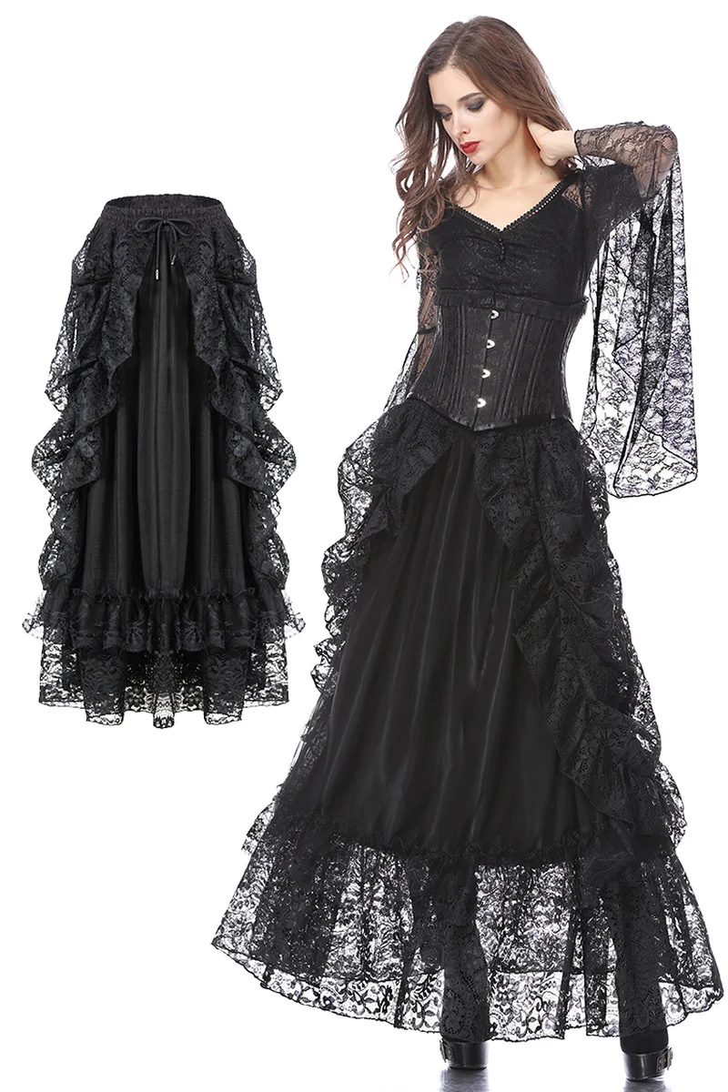 

Darkinlove Women Gothic Eleglant Party Skirt Steampunk Retro Evenong Party Lace Long Skirt