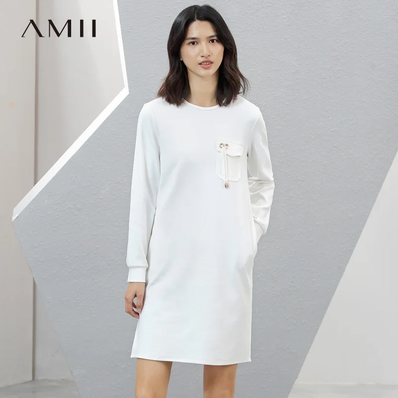 

Amii Minimalist Casual Women Dress 2018 Solid Lanyard Pocket Slits Micro-Elastic Dresses