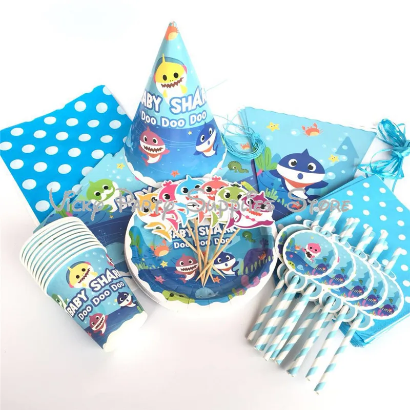 

106pcs/lot Baby Shark Disposable Tableware Set Cartoon Fish Marine Theme Birthday Baby Shower Party Flag Decoration Supplies
