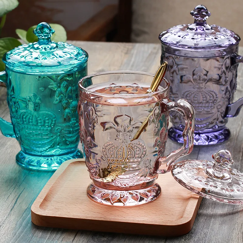 

350ml embossed color crown glass mug with lid purple pink blue drink glass cup for gift