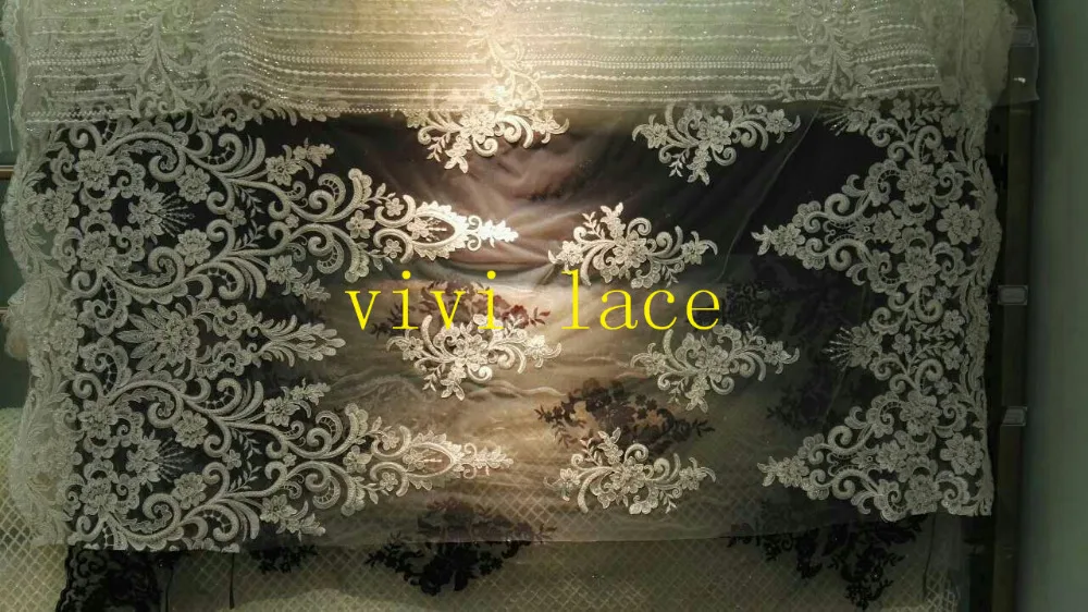 

hz001 ivory offwhite heavy beads embroidery french tulle mesh lace for show/wedding/evening dress/party