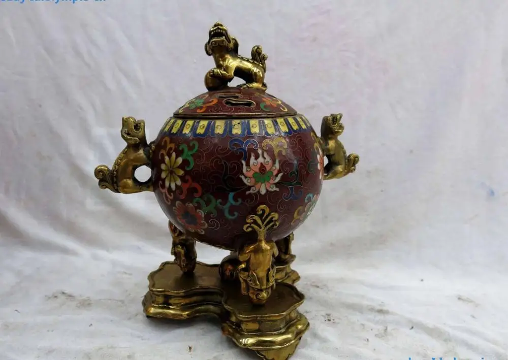 

9" China bronze Cloisonne carved Six Foo Dogs Lion censer Incense burner Statue