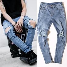 ANGST GOTTES stil männer hosen overall städtischen rock star distressed dünne designer reißverschluss zerrissene gebrochen loch jeans hohe qualität