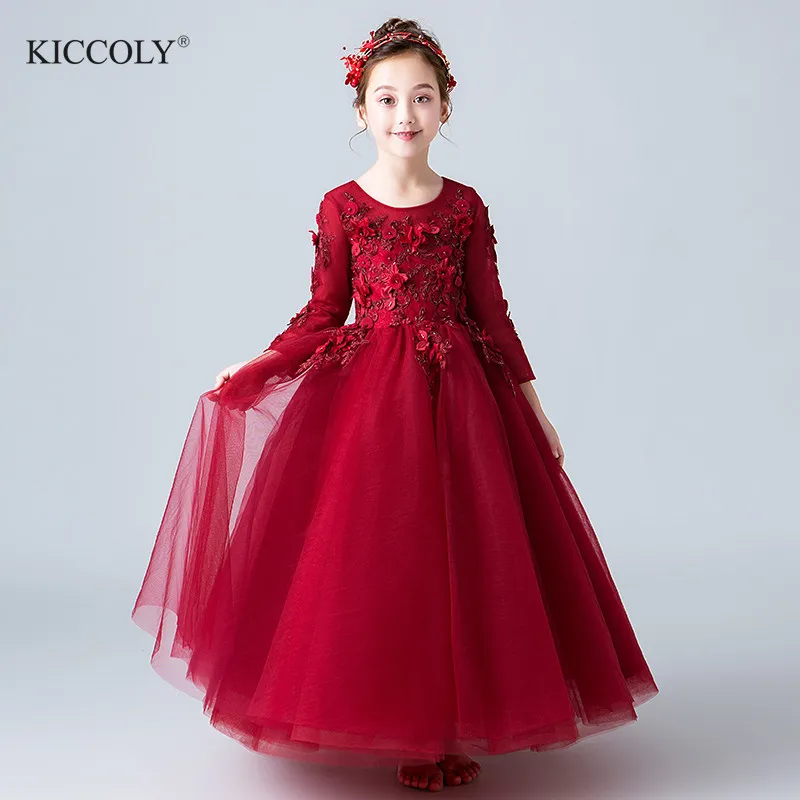 Beaded Appliques Red Tulle Flower Girl Dress Party Pageant Gown Long