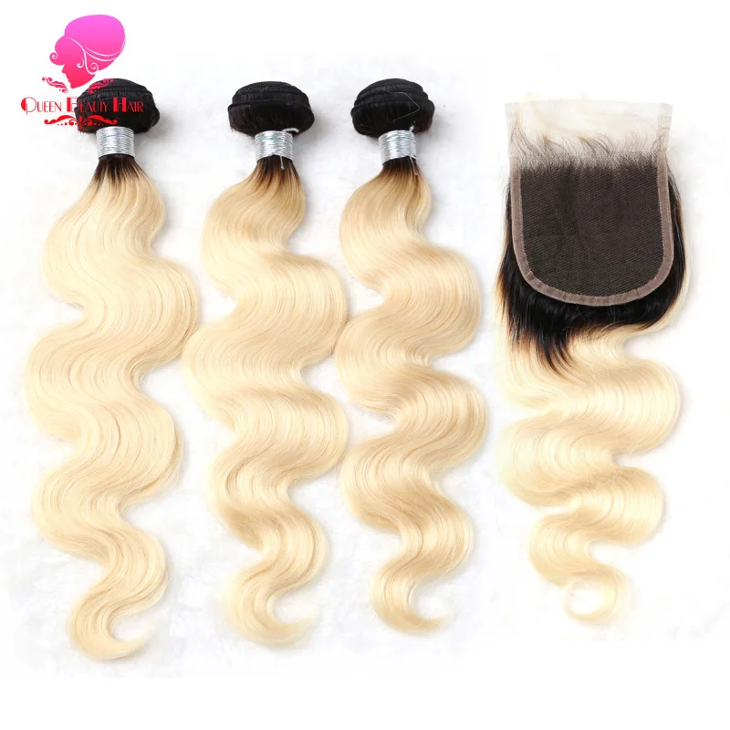 

QUEENBEAUTY 1B/613 Honey Blonde Hair Brazilian Body Wave Remy Hair 3 Bundles with Lace Closure,Blonde Ombre Bundles with Closure