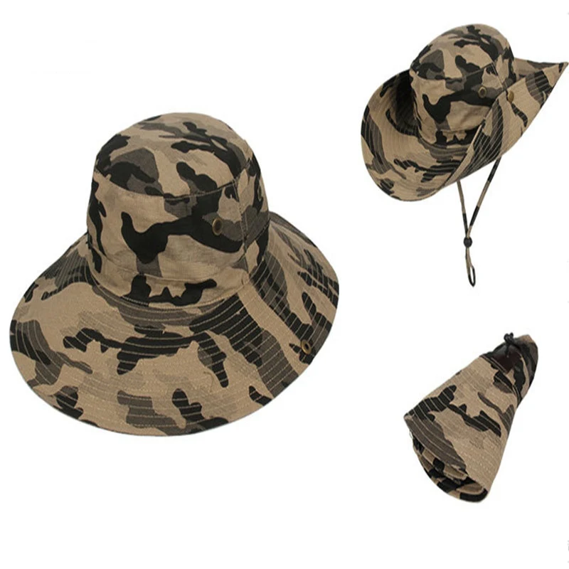 Outdoor Camo Bucket Hat Camouflage Bionic Wide Brim Panama Distress Jungle Deciduous Leaves Hiking Fishing Cap