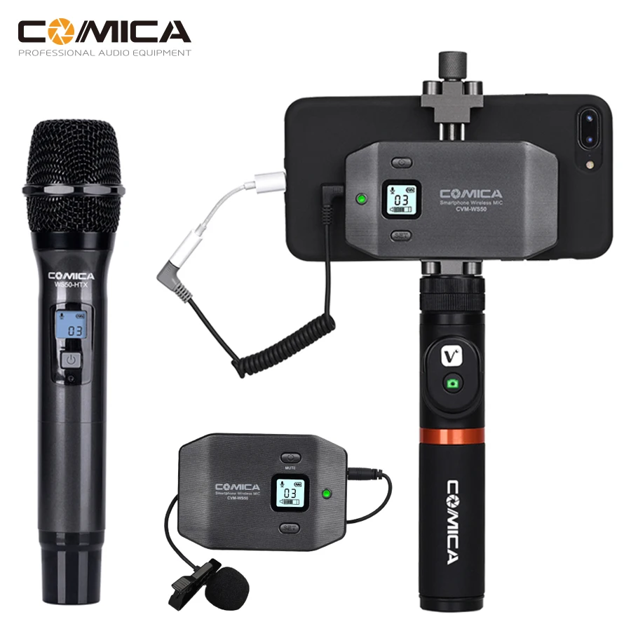 

Comica CVM-WS50 Wireless Handheld Microphone UHF 6 Channels Wireless Lavalier Mic System Portable Smartphone Microphone