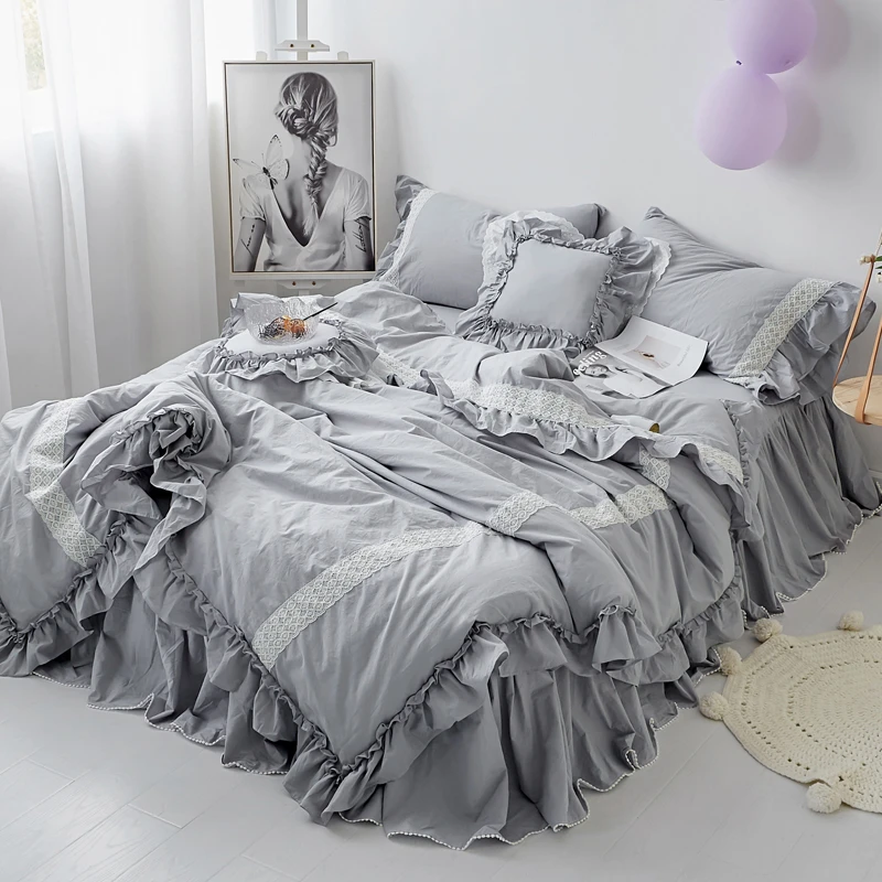 Grey Pink Lotus Korea Princess Bed Sets Girls Ruffles Bedding Set Romantic Bed Cover Set For Girls Bedskirt Twin Queen King Size Bedding Sets Aliexpress