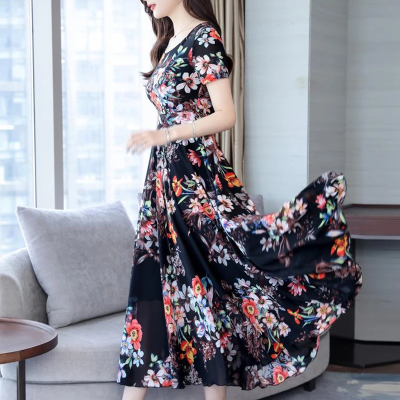 Женское свободное приталенное длинное платье с коротким рукавом модное платье Летнее цветочное платье