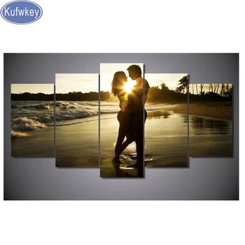 

New kufwkey 5d Diamond embroidery"Lovers kiss the beach"mosaic picture 5 pcs Diamond painting Full square Rhinestone painting
