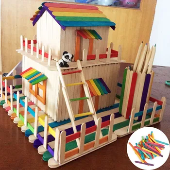 

2018 50Pcs/1Set Wooden Colorful Popsicle Sticks for Kids DIY Crafts Ice Cream Props Making