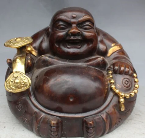 

JP S0073 11" Chinese Bronze Gilt Happy Laugh Smile Maitreya Buddha Hold Ru Yi Bead Statue